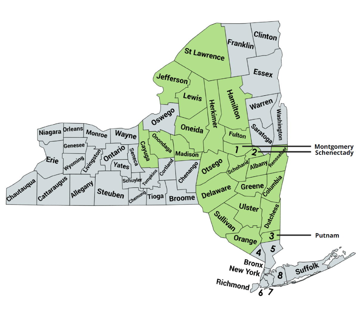 Map of Cornerstone Mobile Counseling Coverage Areas in New York State
